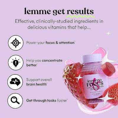 Lemme Focus Gummies - Brain Health & Concentration Support - Cognizin, B12 & Lion’s Mane - Strawberry Flavored - 50ct