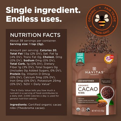 Navitas Organics Unsweetened Cacao Nibs - 4oz: Organic Certified, Vegan, Fair Trade Certified