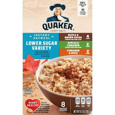 Quaker Lower Sugar Variety Pack Oatmeal - 9.3oz: No Artificial Preservatives, No Artificial Flavors