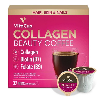 VitaCup Beauty Collagen Coffee Pods w/ Biotin for Hair, Skin & Nails Medium Dark Roast - 32ct