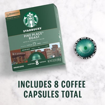 Starbucks by Nespresso Vertuo Capsules Pikes Place Medium Roast Coffee Pods - 8ct: Arabica Beans, Chocolate & Nut Flavors