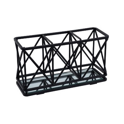 Three Compartment Cosmetic Brush and Pencil Organizer Matte Black - Home Details: Steel Vanity Storage, Spot Clean