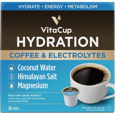 VitaCup Hydration Coffee Pods w/ Electrolytes & Magnesium Medium Roast Coffee - 36ct: Compatible With Keurig, Arabica Beans, Vietnamese, Ethiopian