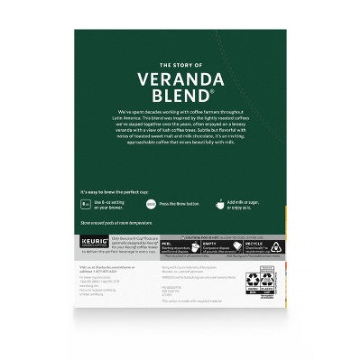 Starbucks Blonde Light Roast K-Cup Coffee Pods Veranda Blend for Keurig Brewers