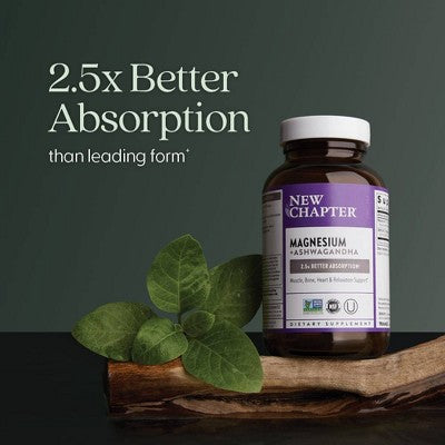 New Chapter Magnesium + Ashwagandha for Muscle & Relaxation Support, 325 mg with Magnesium Glycinate, Non-GMO Vegan Tablets - 30 ct