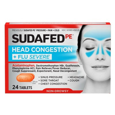 Sudafed PE Head Congestion + Flu Severe Tablets - 24ct: Acetaminophen 325mg Unflavored Cold Relief Caplets