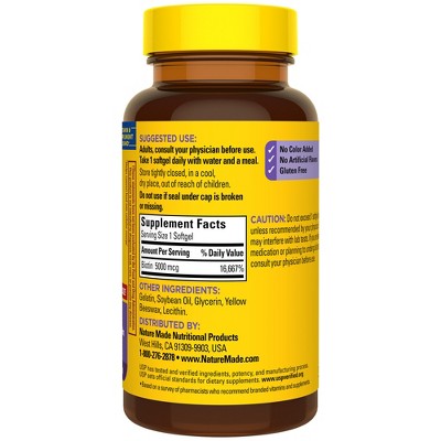 Nature Made Maximum Strength Biotin 5000 mcg Helps Support Healthy Hair, Skin & Nails Softgels, USP Verified - 120ct