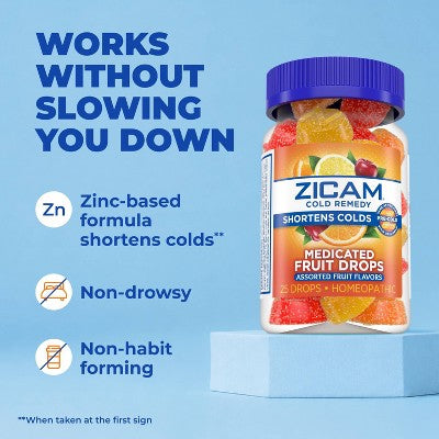 Zicam Cold Remedy Medicated Drops - Fruit - 25ct: Zincum Aceticum 2x, Homeopathic Cold Cough Flu Treatment, Gummy