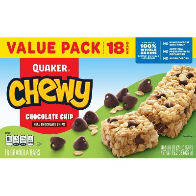 Quaker Chewy Chocolate Chip Granola Snack Bars 15.2oz/18ct: No Artificial Flavors, No High Fructose Corn Syrup
