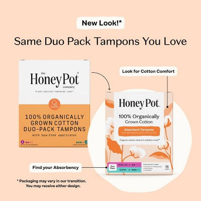 Honey Pot 100% Organically Grown Cotton Tampons - Duo Pack – Reg - Sup - 18 ct