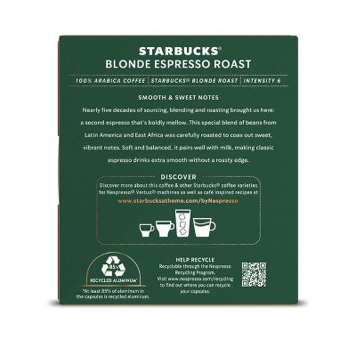 Starbucks by Nespresso Vertuo Capsules Blonde Espresso Light Roast Coffee Pods - 10ct