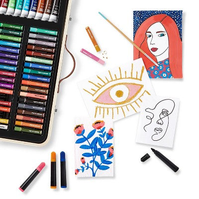 91pc Go Go Studio Mixed Media Art Set - Mondo Llama™: Drawing Kit with Paints & Oil Pastels for Adult Artists