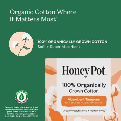 Honey Pot 100% Organically Grown Cotton Tampons - Super absorbency - 18 ct