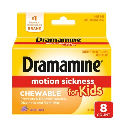 Dramamine Kids Chewable Motion Sickness Relief Tablets for Nausea, Dizziness & Vomiting - Grape - 8ct
