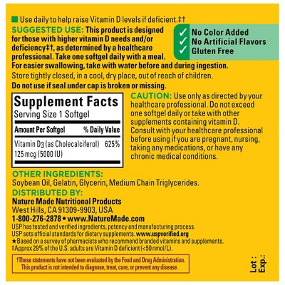 Nature Made Extra Strength Vitamin D3 5000 IU (125 mcg), Bone Health and Immune Support Softgels, USP Verified - 90ct