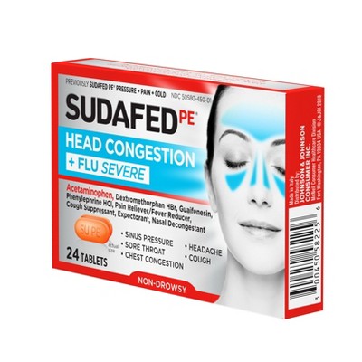 Sudafed PE Head Congestion + Flu Severe Tablets - 24ct: Acetaminophen 325mg Unflavored Cold Relief Caplets