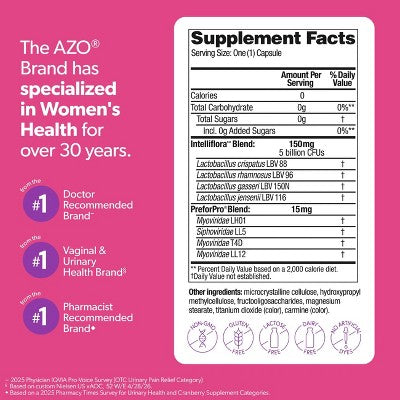 AZO Dual Protection Clinically Proven Women's Probiotic for Urinary + Vaginal Support Capsules