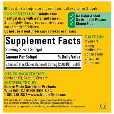 Nature Made Vitamin D3 2000 IU (50 mcg), Bone Health and Immune Support Softgels, USP Verified - 90ct