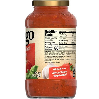 Prego Pasta Sauce Italian Tomato Sauce with Basil & Garlic - 24oz: Gluten-Free, Vegan, No Added Sugar