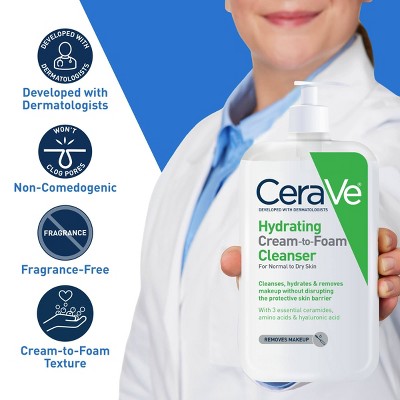 CeraVe Hydrating Cream-to-Foam Face Wash with Hyaluronic Acid for Normal to Dry Skin
