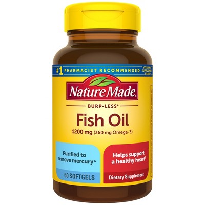 Nature Made Burp Less Ultra Fish Oil Supplements 1200 mg for Heart Health Support Omega3 Softgels- 60ct