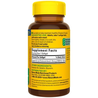 Nature Made Vitamin D3 1000 IU (25 mcg), Bone Health and Immune Support Softgel