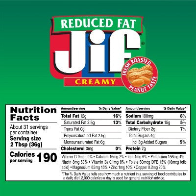 Jif Reduced Fat Creamy Peanut Butter - 40oz: Gluten-Free, No Preservatives