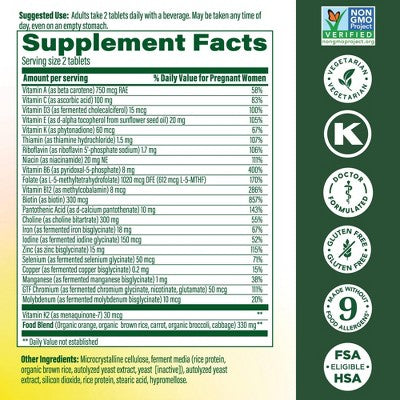 MegaFood Baby & Me 2 Prenatal Multi With Iron, Choline & Methylated Folate Vegetarian Tablets - 60ct