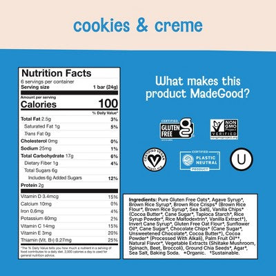 MadeGood Cookies & Creme Granola Bar - 5.1oz/6ct
