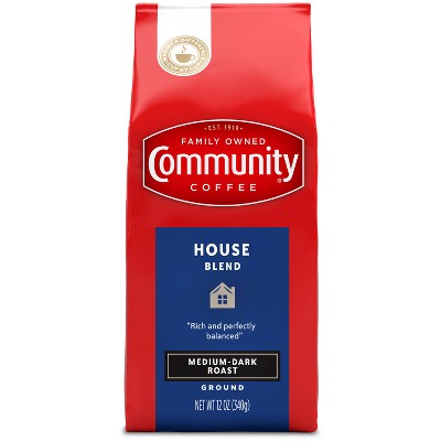 Community Coffee House Blend Medium Dark Roast Ground Coffee - 12oz: Arabica Beans, Berry and Milk Chocolate Flavors