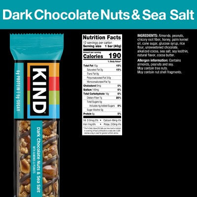 KIND Bars Dark Chocolate Nuts & Sea Salt Gluten Free Snacks - 16.8oz/12ct: 6g Protein, No High Fructose Corn Syrup