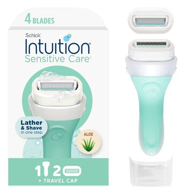 Schick Intuition Sensitive Care Women's Razor - 1 Razor Handle and 2 Refills: For Legs and Under Arm, Paraben-Free, Manual, 4 Blades