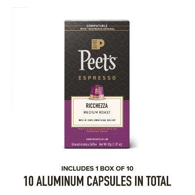 Peet's Espresso Ricchezza Medium Roast Aluminum Capsules - 10ct/1.87oz: Arabica Beans