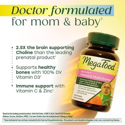 MegaFood Baby & Me 2 Prenatal Multi With Iron, Choline & Methylated Folate Vegetarian Tablets - 60ct