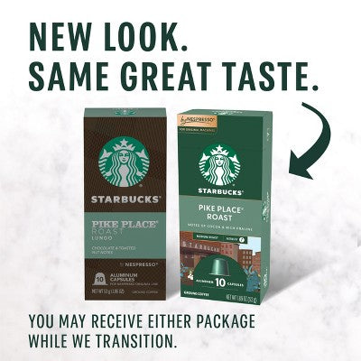 Starbucks by Nespresso Original Line Pods Medium Roast Coffee Pike Place Roast - 10ct: Arabica Beans, Chocolate Nut Flavor