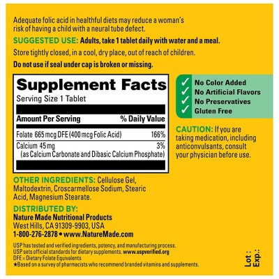 Nature Made Folic Acid 400 mcg (665 mcg DFE) Tablets, USP Verified - 250ct