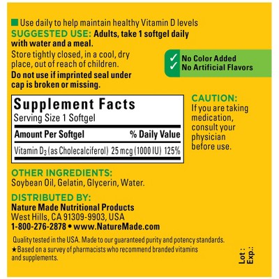 Nature Made Vitamin D3 1000 IU (25 mcg), Bone Health and Immune Support Softgel