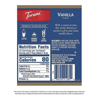 Torani Naturally Sweetened Vanilla Syrup for Coffee Drinks and Desserts - 12.7 fl oz