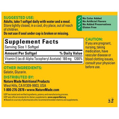 Nature Made Vitamin E 180 mg (400 IU) dl-Alpha for Antioxidant Support Softgels, USP Verified - 180ct