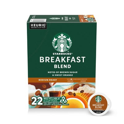 Starbucks Breakfast Blend Medium Roast Keurig K-Cup Coffee Pods - 22ct: Orange, Brown Sugar