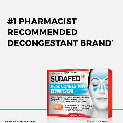 Sudafed PE Head Congestion + Flu Severe Tablets - 24ct: Acetaminophen 325mg Unflavored Cold Relief Caplets