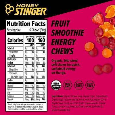 Honey Stinger Organic Energy Chews Fruit Smoothie: Nutrition Gels & Chews, Cherry Berry Orange, 1.8oz, Ready to Eat