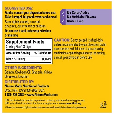 Nature Made Maximum Strength Biotin 5000 mcg Helps Support Healthy Hair, Skin & Nails Softgels, USP Verified - 120ct