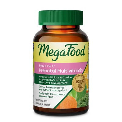 MegaFood Baby & Me 2 Prenatal Multi With Iron, Choline & Methylated Folate Vegetarian Tablets - 60ct