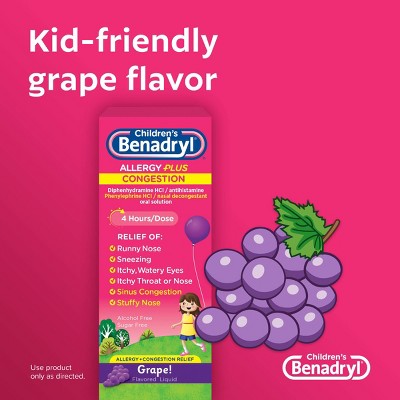 Children's Benadryl Diphenhydramine Allergy Plus Congestion Relief Liquid - Grape - 4 fl oz