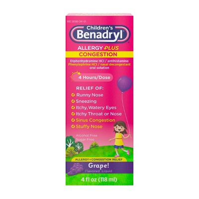 Children's Benadryl Diphenhydramine Allergy Plus Congestion Relief Liquid - Grape - 4 fl oz