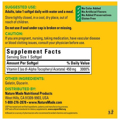 Nature Made Vitamin E 450 mg (1000 IU) dl-Alpha Softgels, USP Verified - 120ct