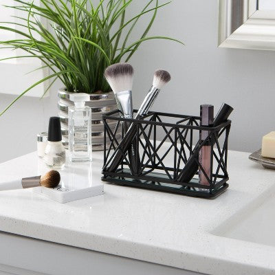 Three Compartment Cosmetic Brush and Pencil Organizer Matte Black - Home Details: Steel Vanity Storage, Spot Clean