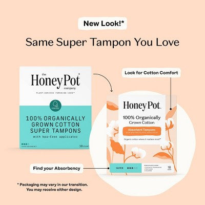 Honey Pot 100% Organically Grown Cotton Tampons - Super absorbency - 18 ct