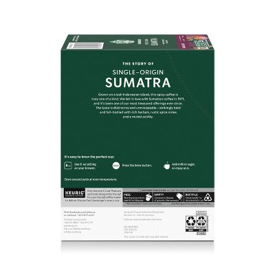 Starbucks Sumatra Single Origin Dark Roast Keurig K-Cup Coffee Pods - 22ct: Limited Ingredients